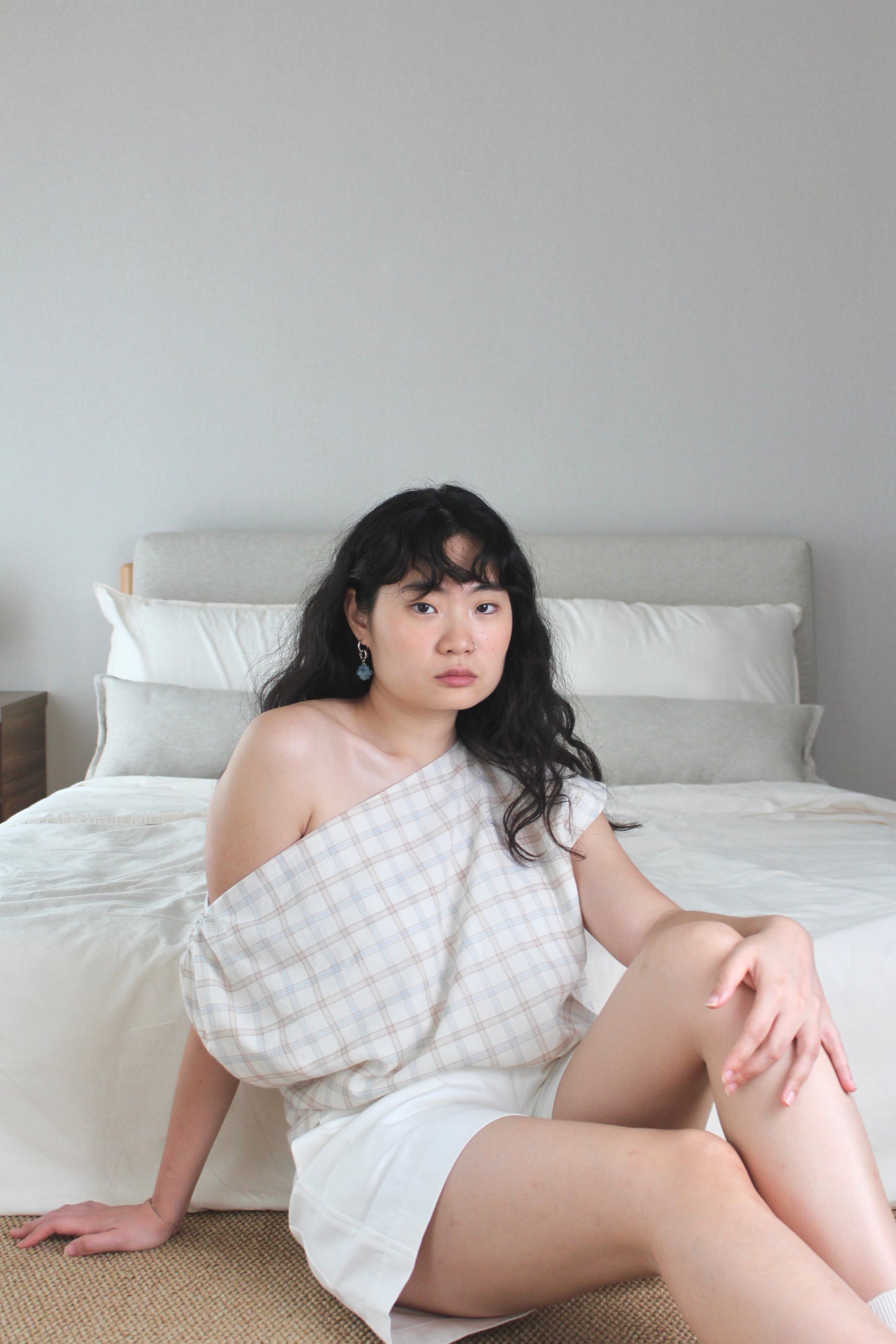 Asymmetrical Drape Top in Oat Plaid