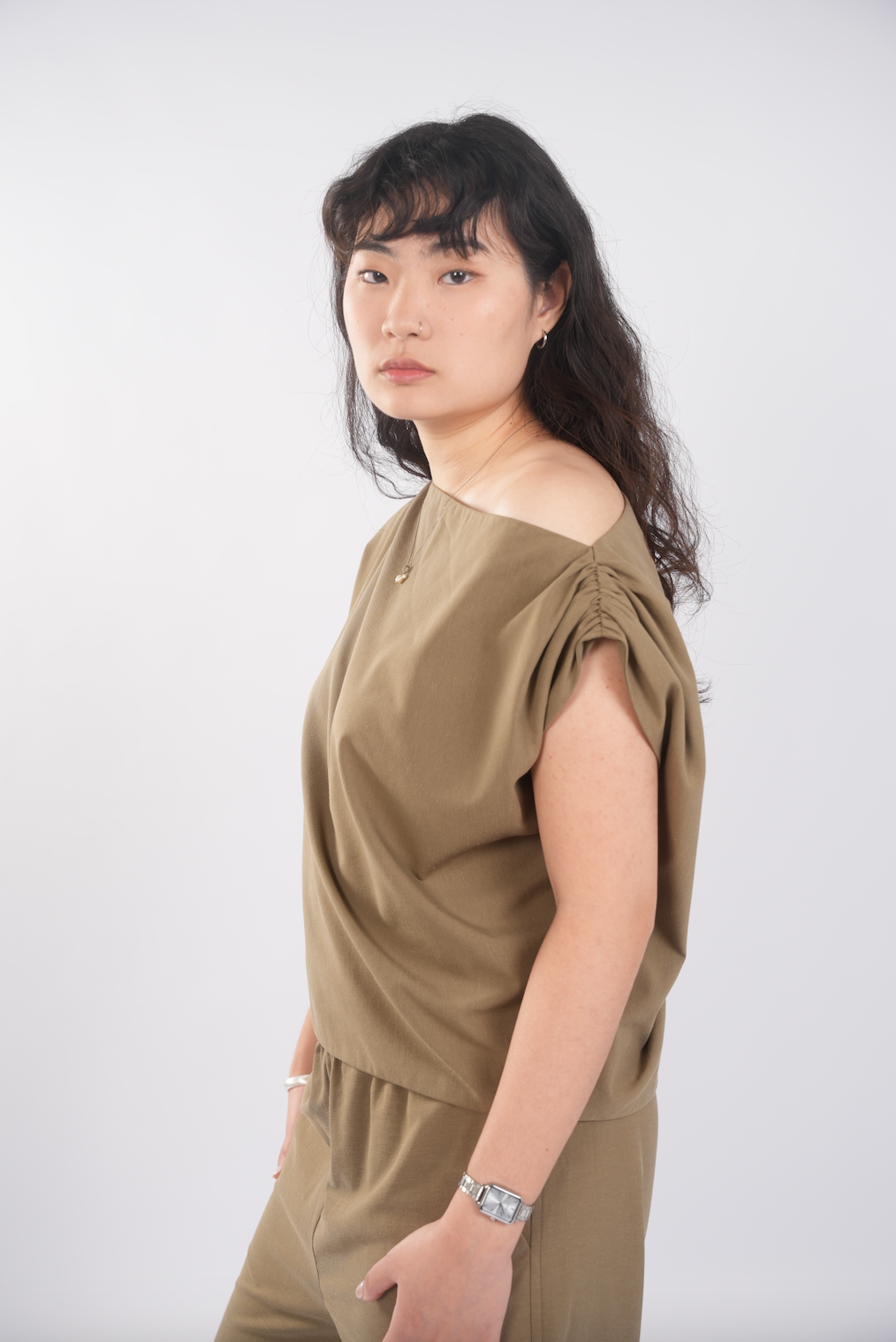 Asymmetrical Drape Top in Olive