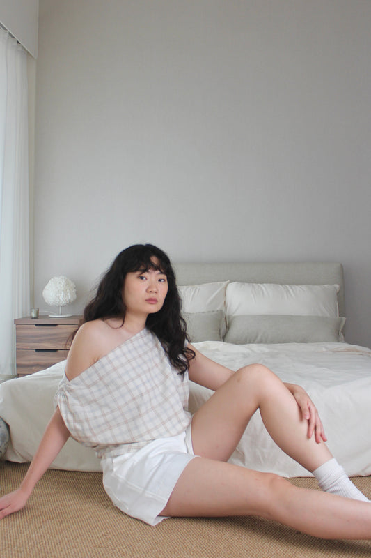 Asymmetrical Drape Top in Oat Plaid