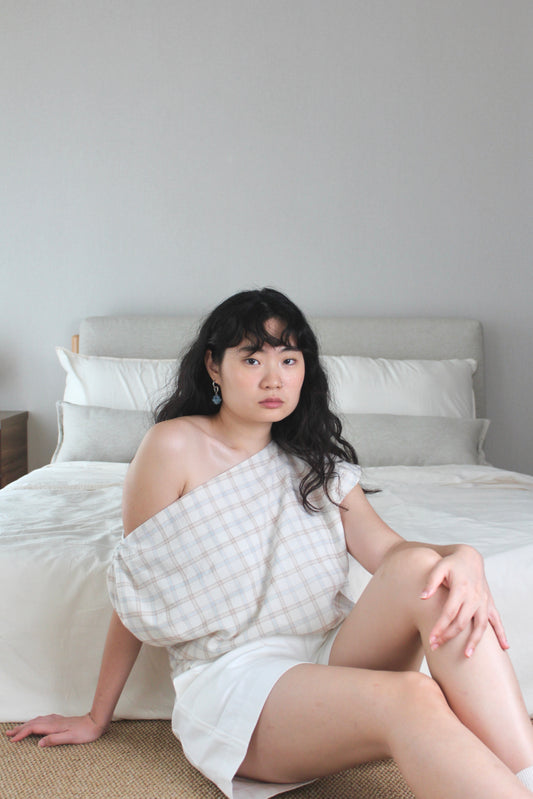 Asymmetrical Drape Top in Oat Plaid