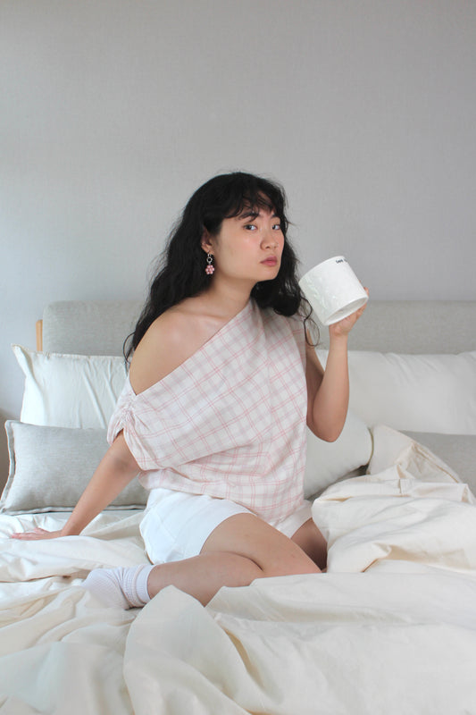 Asymmetrical Drape Top in Sakura Plaid