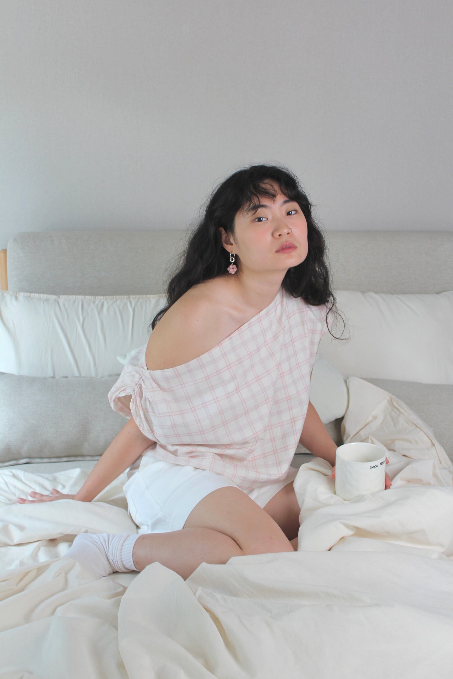 Asymmetrical Drape Top in Sakura Plaid