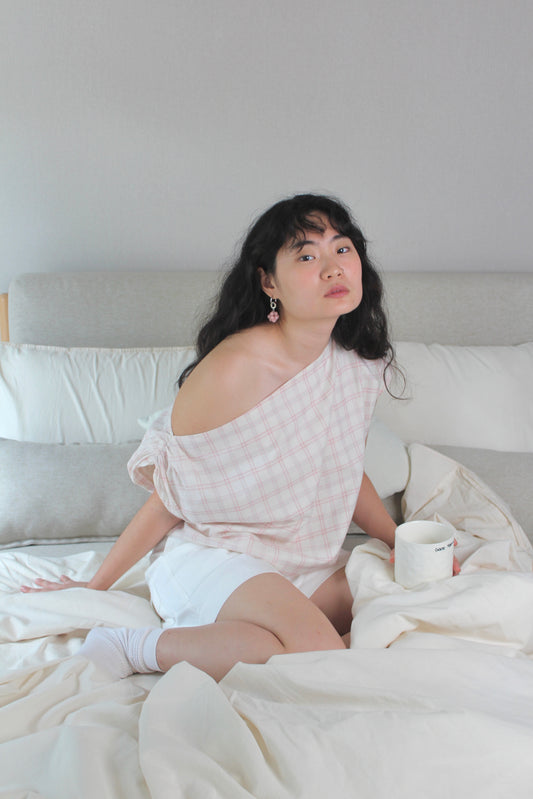 Asymmetrical Drape Top in Sakura Plaid