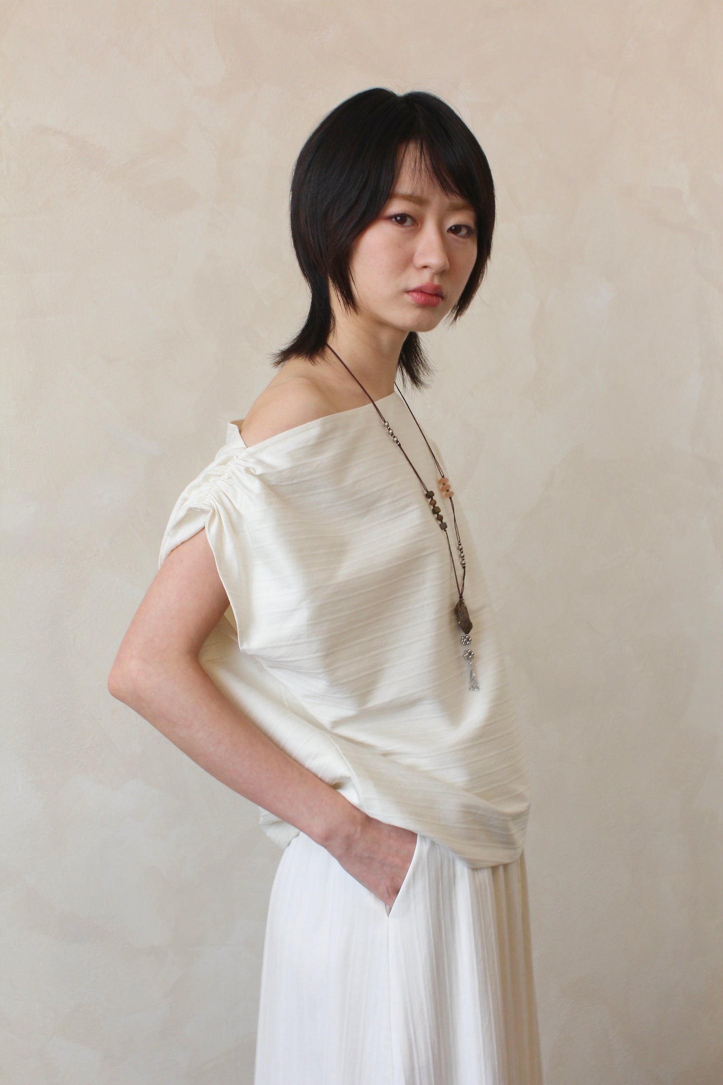 Asymmetrical Drape Top in Crème Stripe