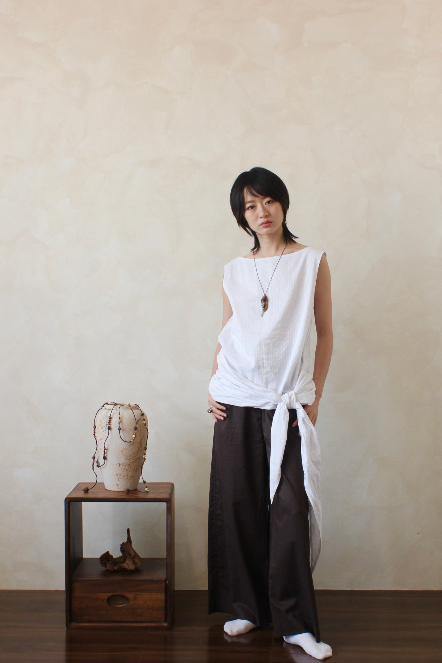 Boat Neck Tie Top in Cloud Crinkle