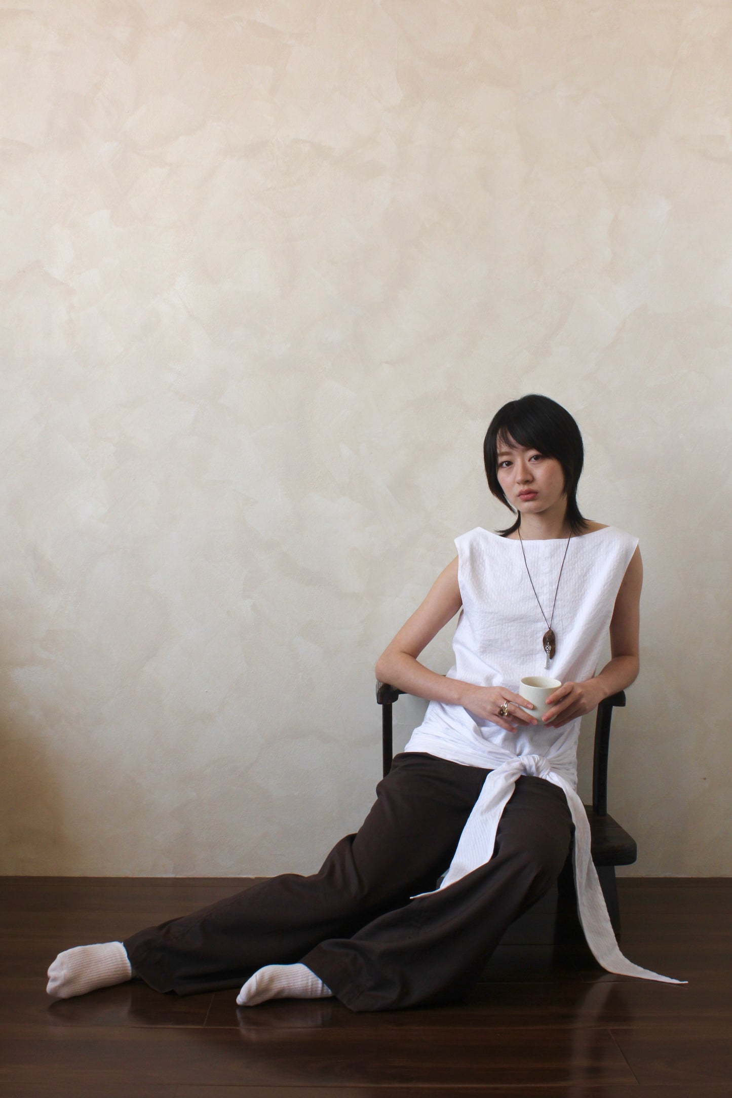 Boat Neck Tie Top in Cloud Crinkle